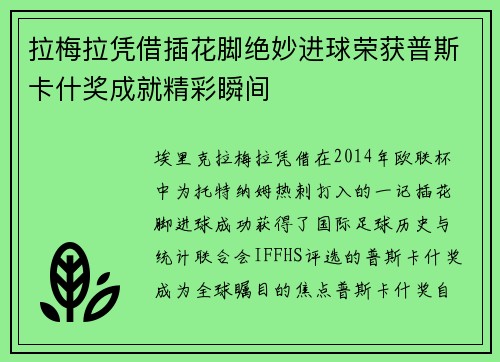 拉梅拉凭借插花脚绝妙进球荣获普斯卡什奖成就精彩瞬间